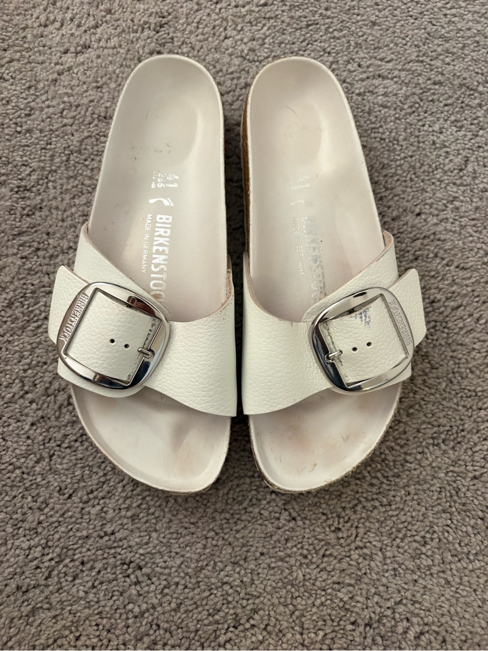 Birkenstock White Single Buckle Slide Sandals with Silver Buckles